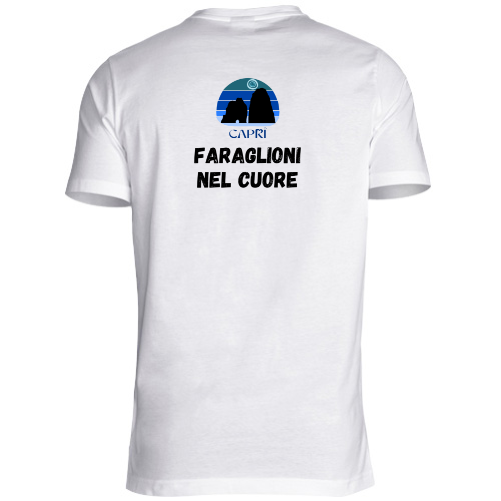 T-Shirt Unisex Scollo V FARAGLIONI DI CAPRI NEL CUORE SCRITTA NERA