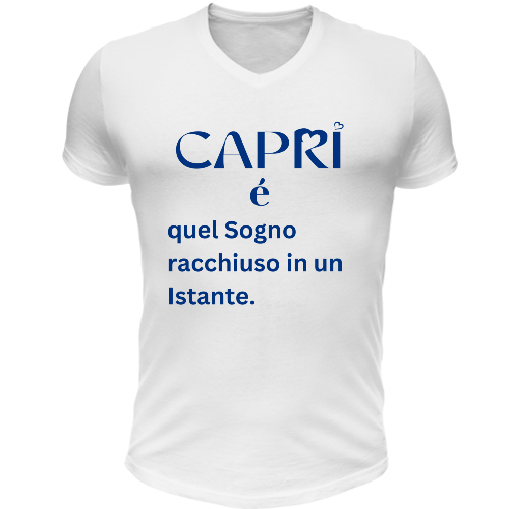 T-Shirt Unisex Scollo V Capri Sogno racchiuso in un istante scritta Blue