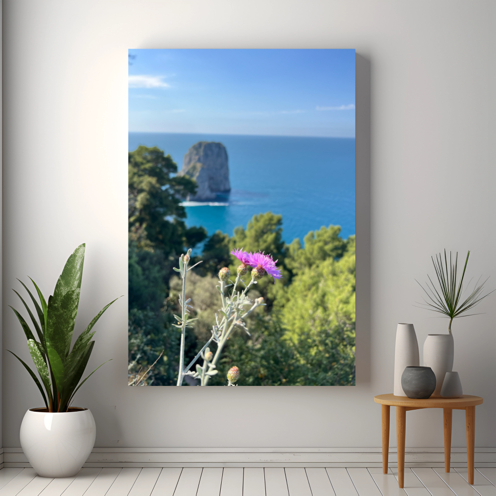 Canvas Faraglioni of Capri with Spring Flowers